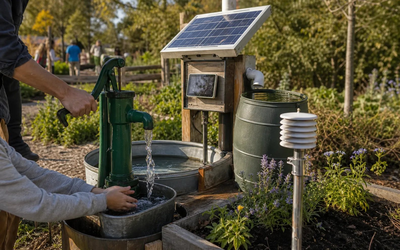 Field manual illustration of a climate resilience learning station with solar power, wind, rainwater, sensors, and native plants.