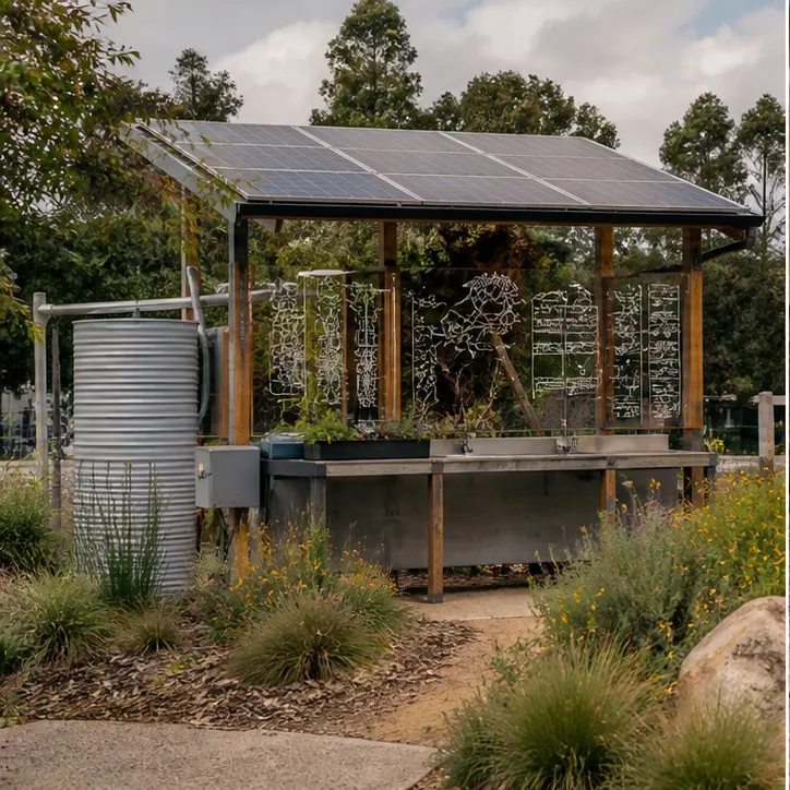 Field manual diagram of a climate resilience demonstration station with energy, water, sensors, and planting.