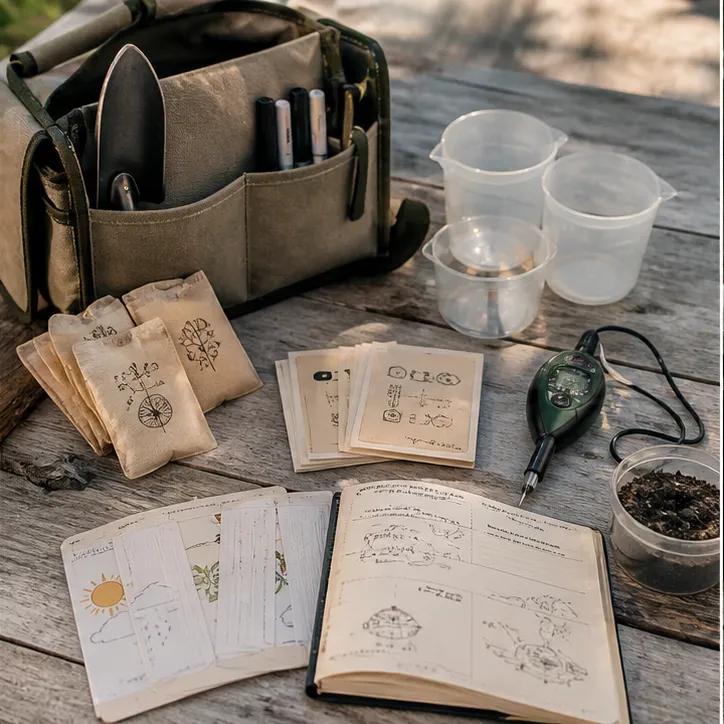 Workshop kit with activity cards, seed packets, testing cups, notebook, and field tools on a table.
