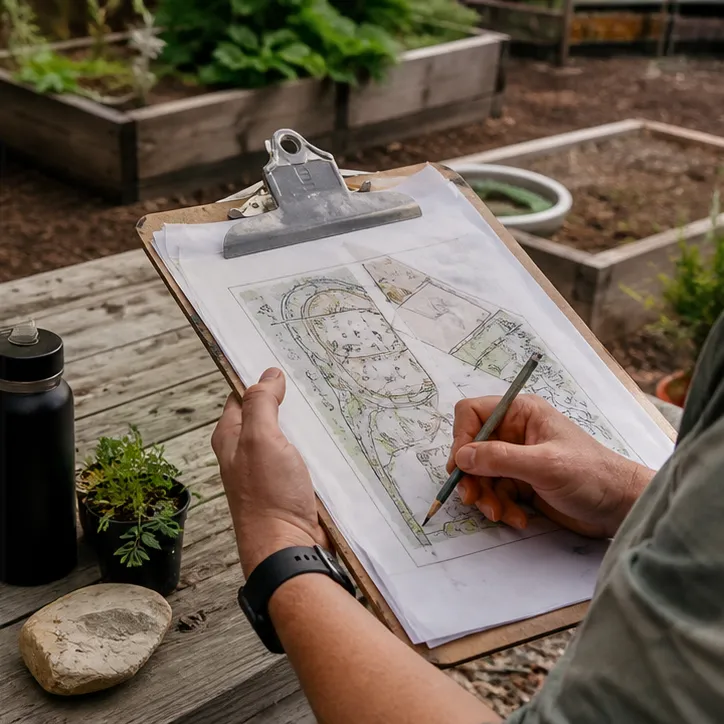 Outdoor learning space site plan showing connected climate exhibit zones and visitor paths.