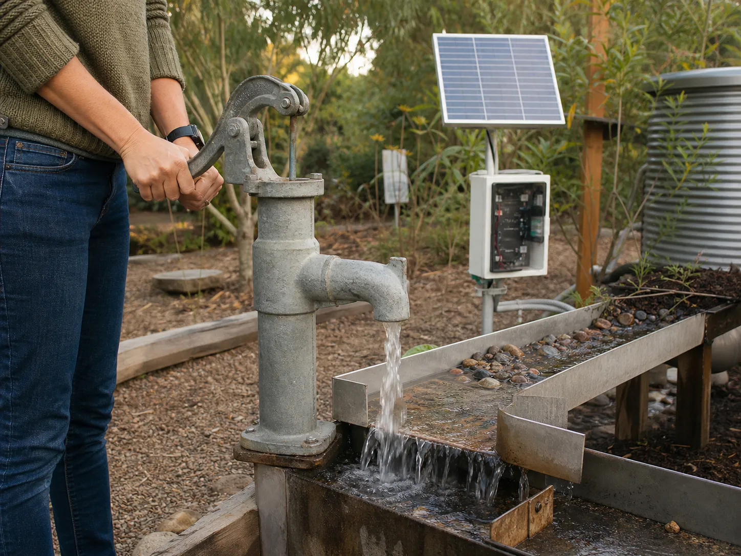 Visitor using a hand pump at an outdoor climate learning station with visible water flow, solar power, and rainwater infrastructure.