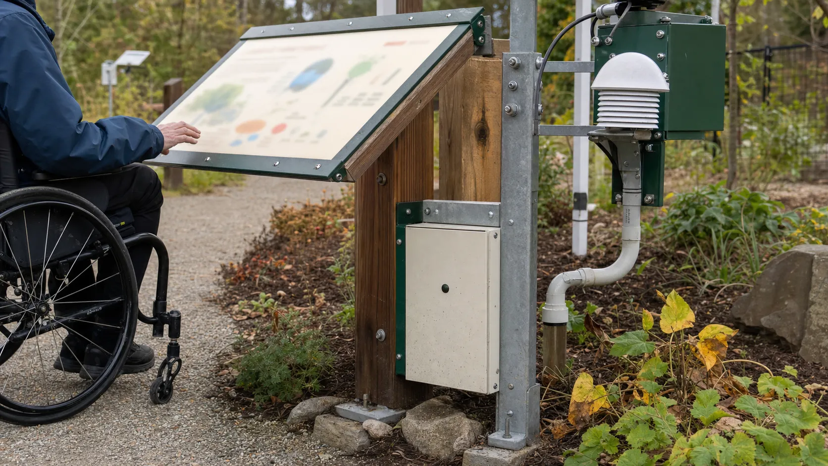 Accessible climate learning station with durable mounted signage, sensor hardware, bolted posts, and a visitor path.