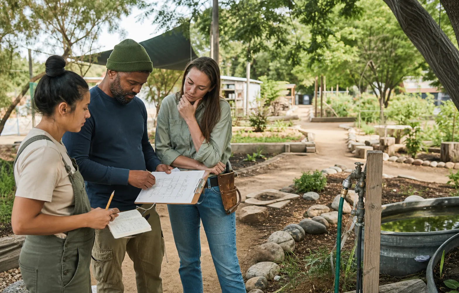 Project team reviewing a site plan during a collaborative garden walkthrough.