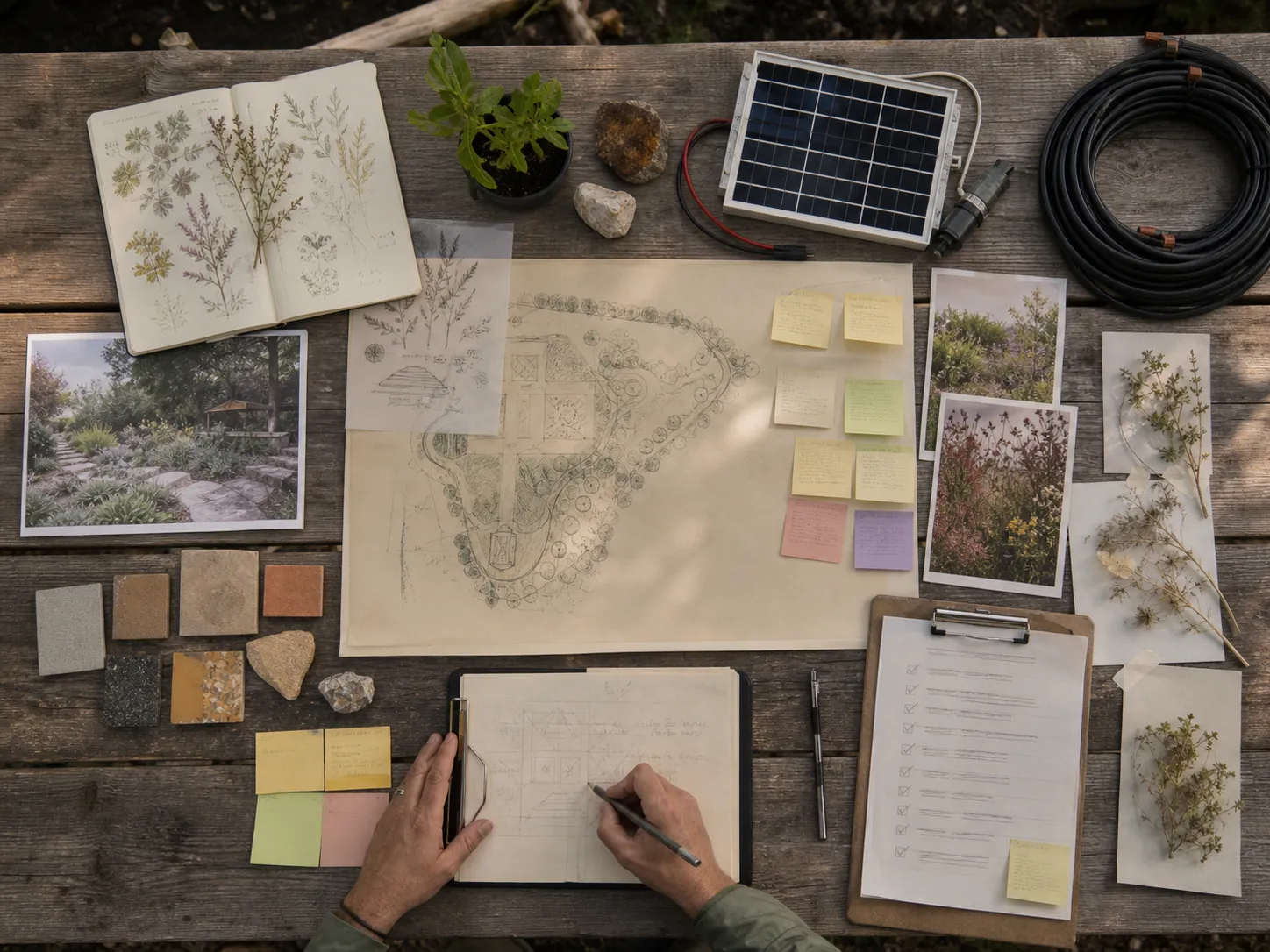 Climate learning project planning materials with site maps, component samples, activity cards, and maintenance notes.