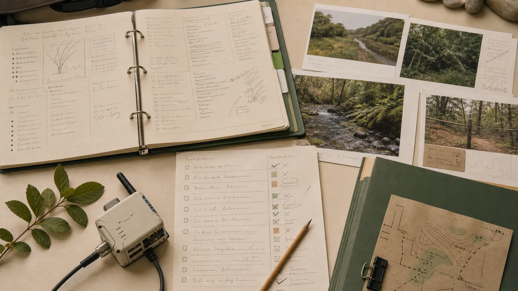 Planning desk with climate learning project notes, site photos, component references, and organizing materials.