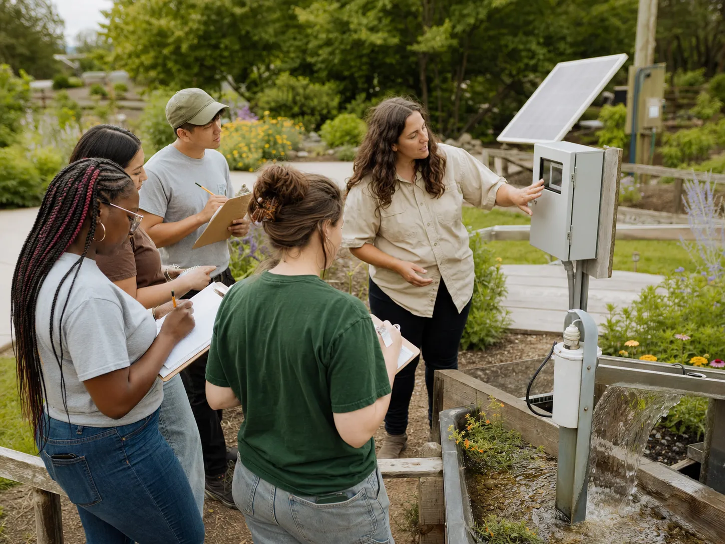 Facilitator guiding learners through an outdoor climate activity at a garden demonstration station.