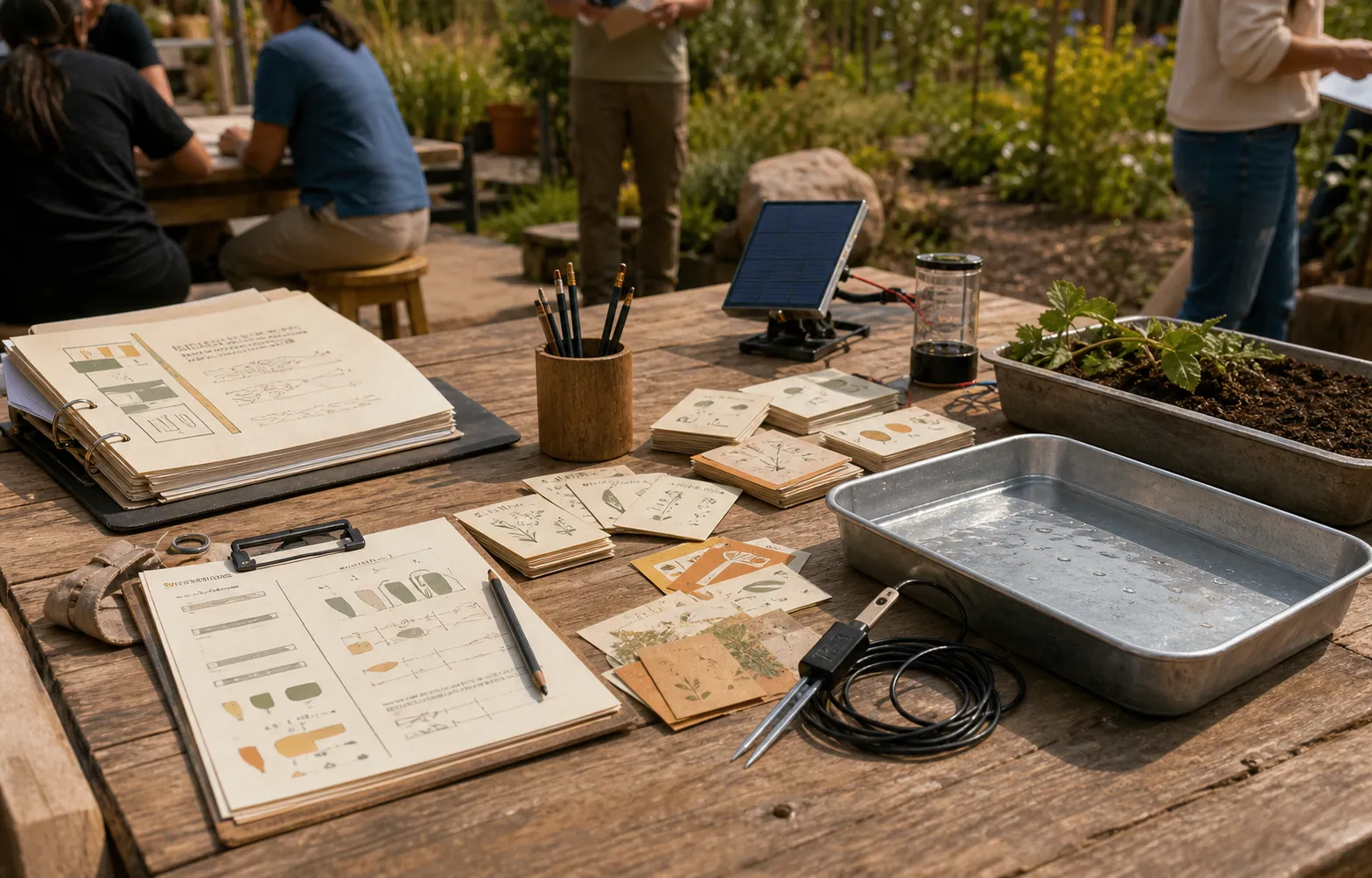 Outdoor workshop materials with facilitator guides, activity cards, measuring tools, seeds, and climate learning supplies.